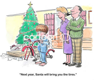 Color cartoon of a young boy with his first bike at Christmas. The problem is Santa forgot to bring the tires, they come next year.