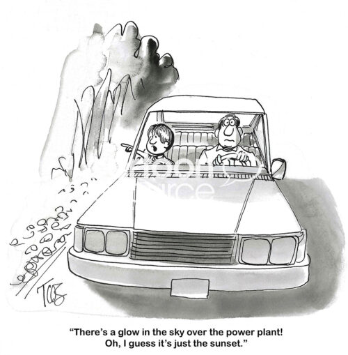 BW cartoon of a son with his Dad in their car. The son sees a glow over the nuclear power plant, but perhaps it is the sunset.