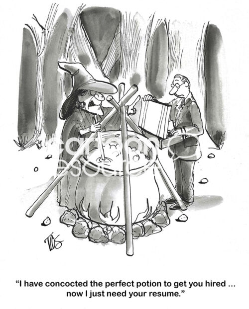 BW cartoon of a witch creating a magic potion that will help the man find a new job.