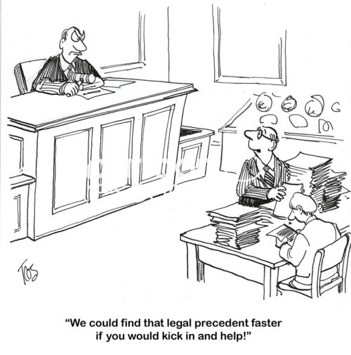 BW cartoon of two lawyers in a courtroom as it is in session. They want the judge to help them locate the legal precedent so it will go faster.