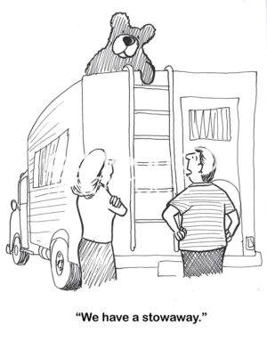 BW cartoon showing a couple traveling in an RV. They have a wild bear as a stowaway.