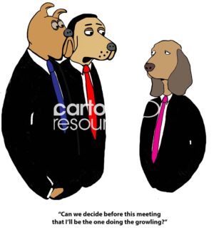 Color, single-panel cartoons of three business dogs talking. One of them will lead the 'grumbling' role.