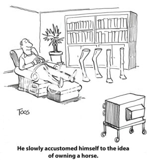 B&W, single panel, sight gag cartoon. Surreal humor showing a man in his living room and 4 horse legs. He is slowly getting used to the idea of having a horse.