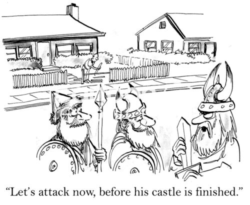 B&W, single-panel cartoon showing three Vikings time-traveled to today. They are preparing to attack a house before the fence construction is complete.