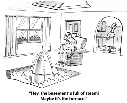 B&W, single panel cartoon showing a suburban house that has a nuclear weapon. The husband is ecstatic, the wife is quite skeptical of all the steam produced.