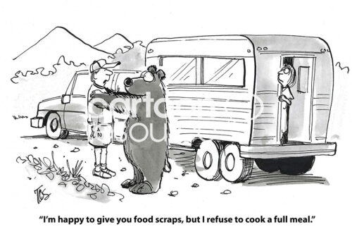 B&W, single-panel cartoon of a man with an RV telling the wild bear he will give the bear snacks, but not make the bear a full meal.