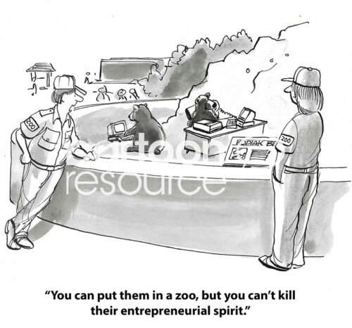 B&W, single panel cartoon showing bears at at a zoo. They are working on their computers. The zookeepers are commenting on the bears' entrepreneurial spirit.