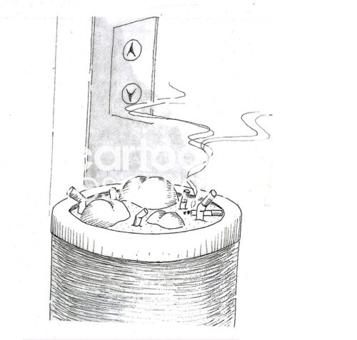 B&W, single-panel cartoon showing an ash can by an elevator. Cigarette butts and human butts are sticking out of the trashcan top.