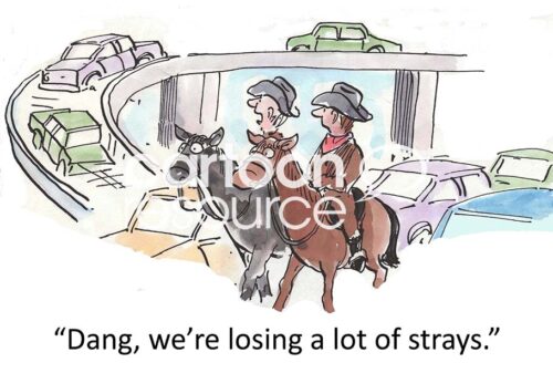 Color, single-panel cartoon of two cowboys on their horses, trying to herd cars on the interstate. They are losing cars at the exits.