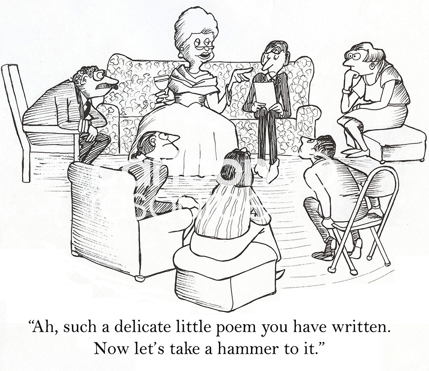 B&W, single-panel cartoon about a society matron holding a poetry reading. She's taking 'a hammer' to this delicate poem.
