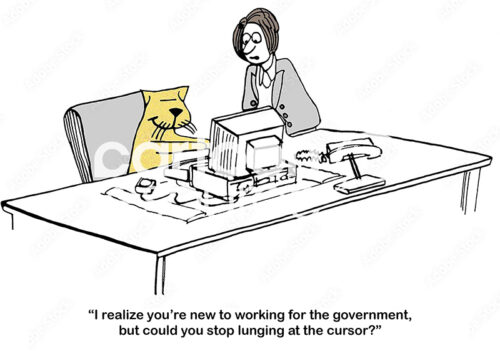 Color, single-panel cartoon of a cat and Government trainer. The government fired everyone with DOGE and is replacing workers with cats.