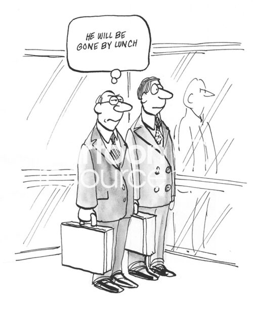 B&W, single-panel cartoon of two Federal workers in an elevator. One works for DOGE and thinks the man next to him will be 'fired by lunch'.