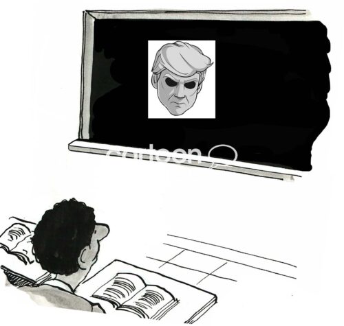Single-panel, B&W, political cartoon showing a picture of President Trump with black eyes staring at a black student in a classroom.