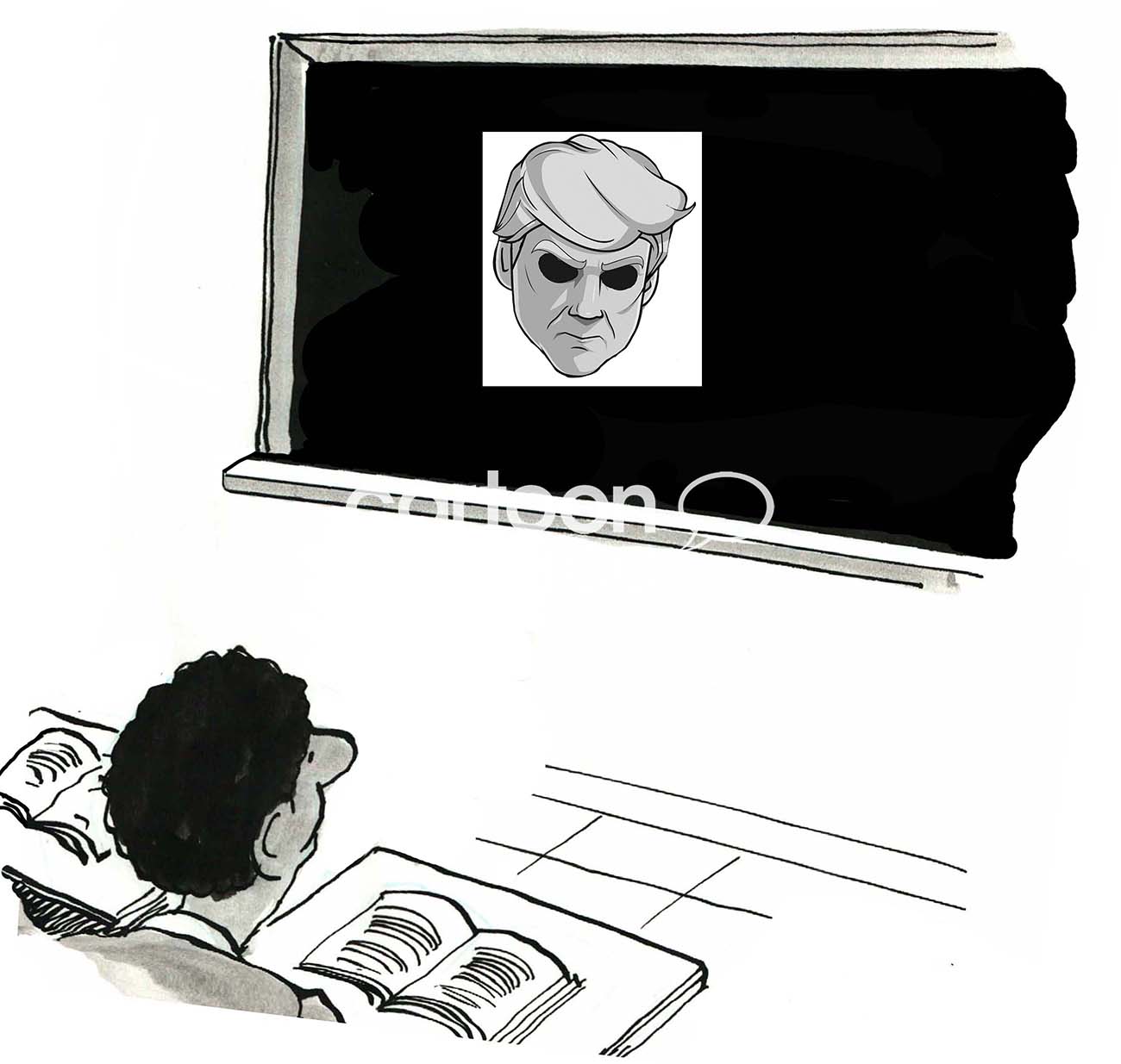 Single-panel, B&W, political cartoon showing a picture of President Trump with black eyes staring at a black student in a classroom.