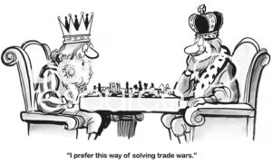 Single-panel, B&W cartoon showing two kings who prefer to play chess to resolve their trade war rather than enlist tariffs.