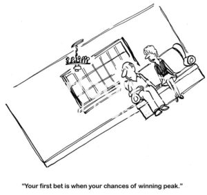 Single-panel cartoon showing a couple living in a house at a significant angle. The wife says its because her husband's bets will all decline after his first bet.