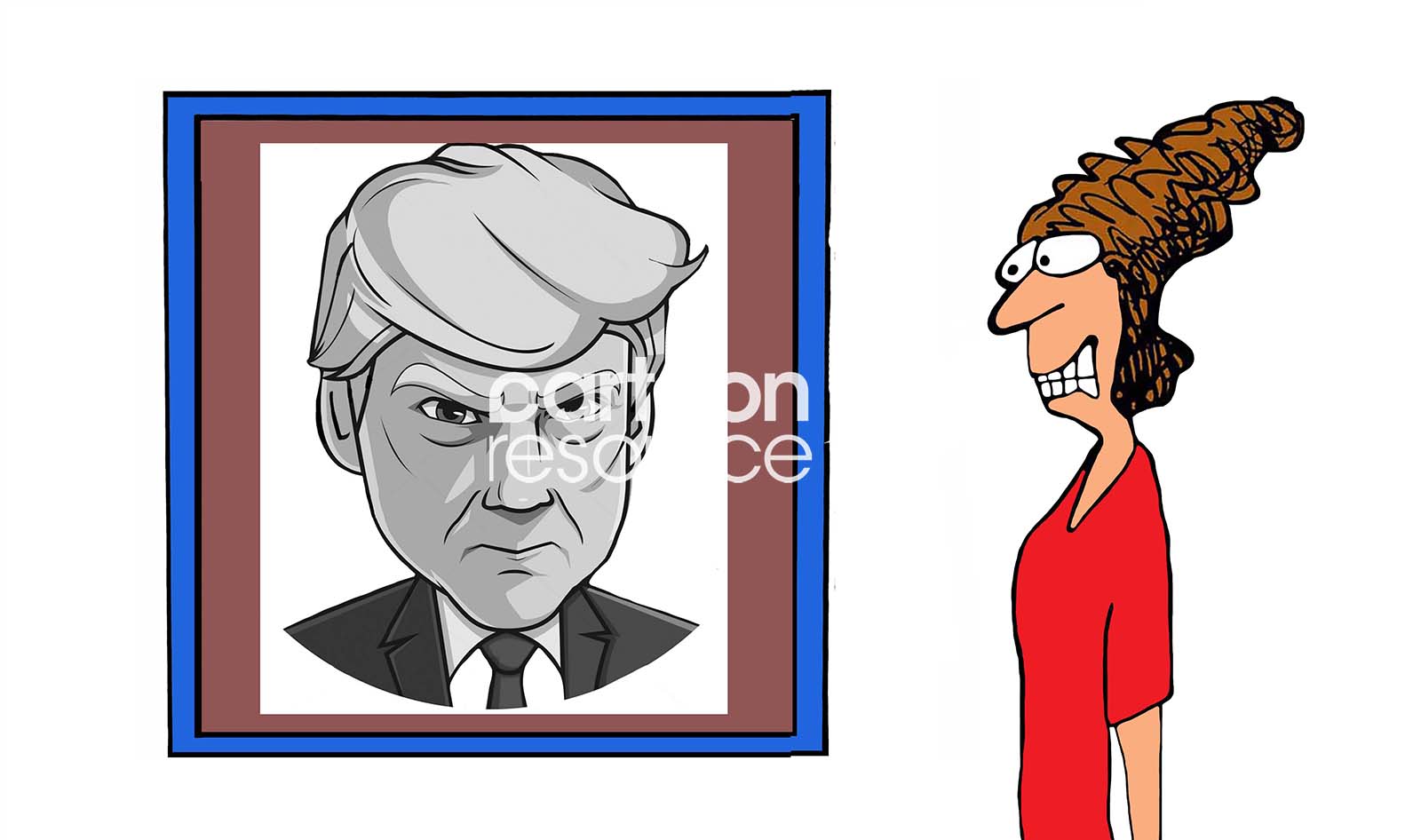 Single-panel, color, political cartoon showing a depiction of President Trump and a woman, of different political beliefs, frightened by his photo.