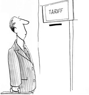 Single-panel, B&W cartoon showing a foreign diplomat required to deposit his tariff before entering the country.