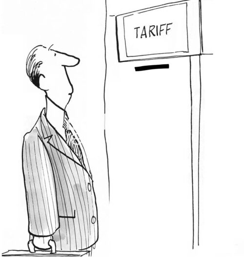 Single-panel, B&W cartoon showing a foreign diplomat required to deposit his tariff before entering the country.