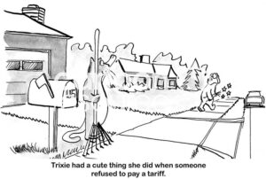 Single-panel, B&W cartoon showing a cat who collects a tariff when a dog passes in front of its house, or injures the dog if it doesn't pay.