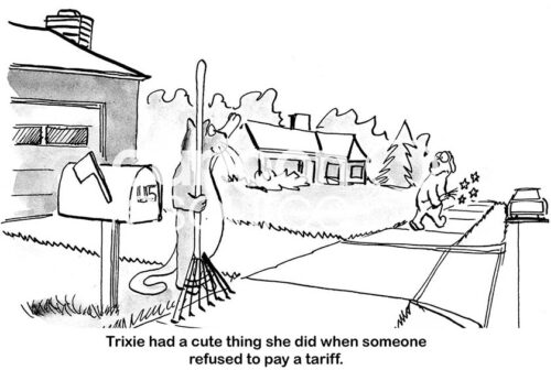 Single-panel, B&W cartoon showing a cat who collects a tariff when a dog passes in front of its house, or injures the dog if it doesn't pay.