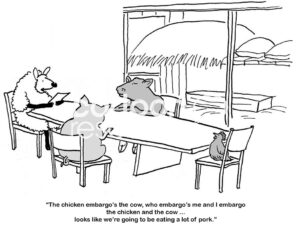 Single-panel, B&W cartoon showing farm animals in a meeting. Only pork has not been embargoed, so that's what they will eat.