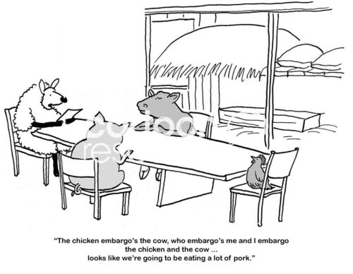 Single-panel, B&W cartoon showing farm animals in a meeting. Only pork has not been embargoed, so that's what they will eat.
