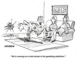 Single-panel, B&W cartoon showing a wife and her friend - the wife says the husband is losing his gambling bets. They watch as he rams his head into the living room wall.