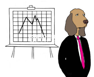 Color, single-panel cartoon showing a business dog who is sad because sales have declined precipitously.
