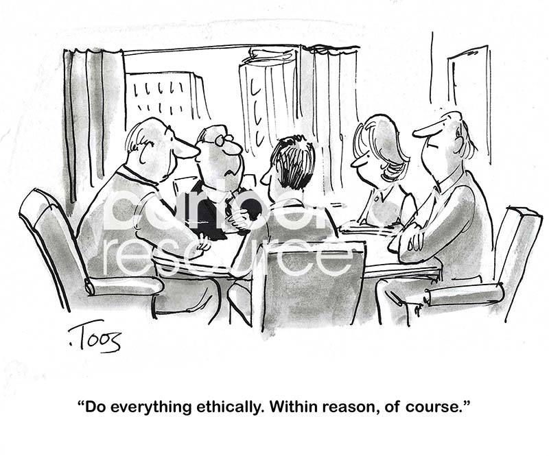 Single-panel, B&W cartoon showing a meeting where the big boss tells the team to be 'ethical, within reason'.